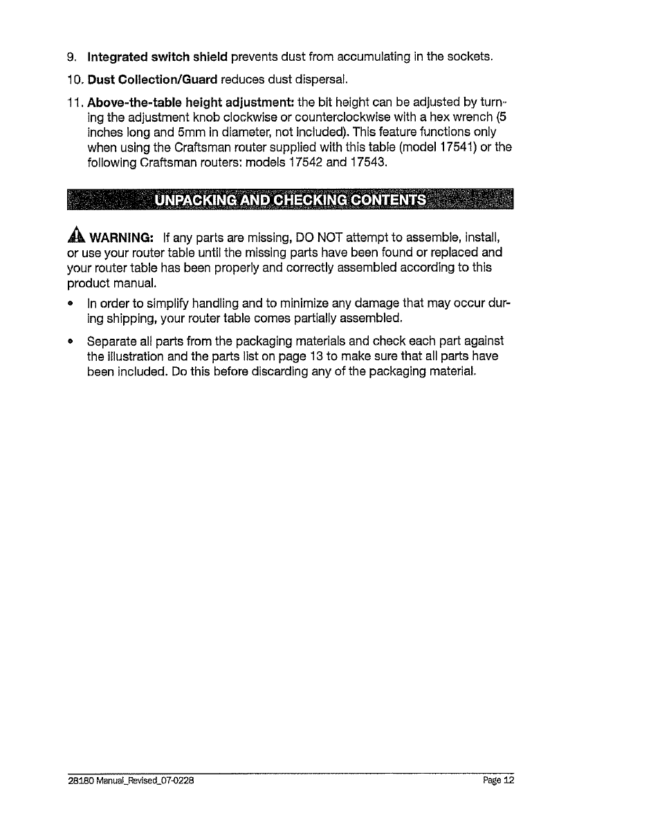 Unpacking and checking contents | Craftsman 320. 28180 User Manual | Page 12 / 24