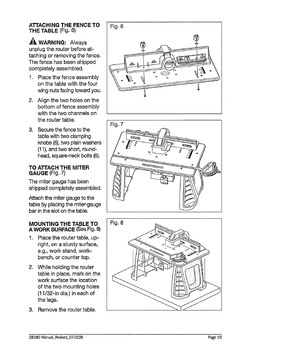 Attaching the fence to the table {fig. 6), To attach the miter gauge (fig. 7), Mounting the table to a work surface (see fig. 8) | Craftsman 320. 28180 User Manual | Page 16 / 24