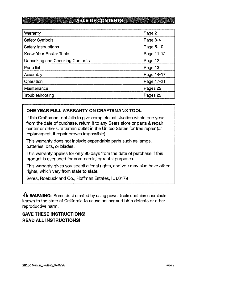 One year full warranty on craftsman® tool, Save these instructions, Read all instructions | Craftsman 320. 28180 User Manual | Page 2 / 24
