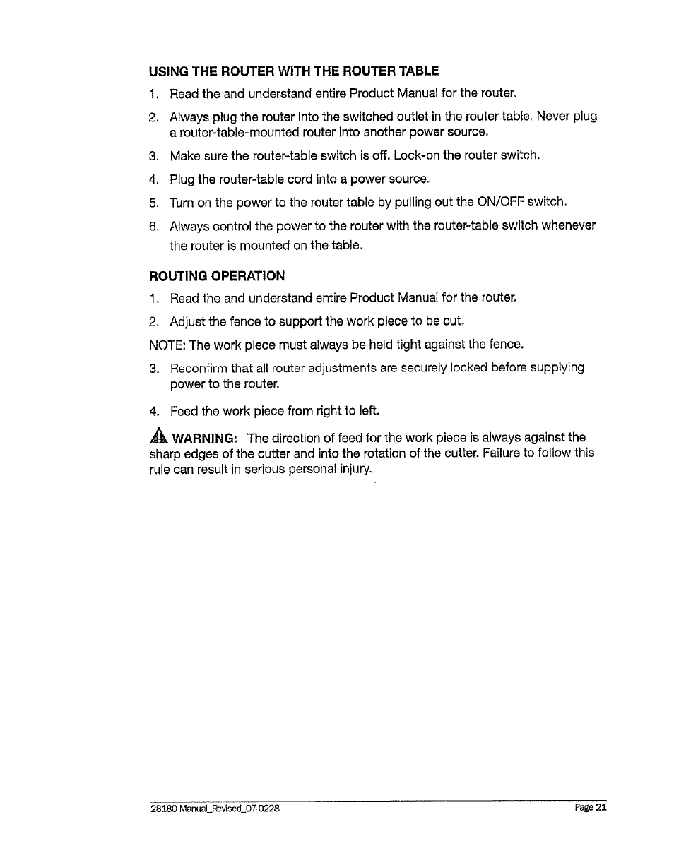 Using the router with the router table, Routing operation | Craftsman 320. 28180 User Manual | Page 21 / 24