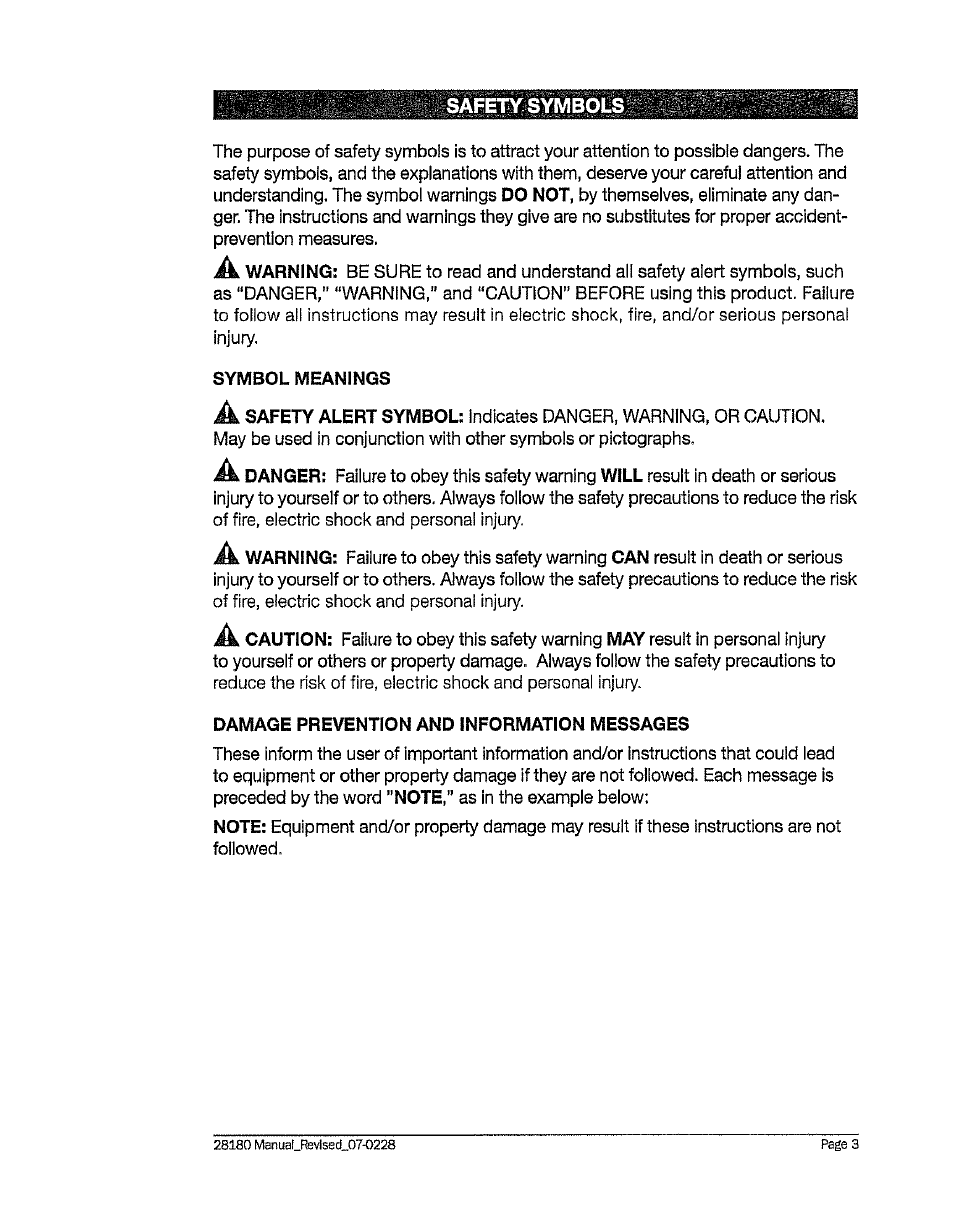 Symbol meanings, Damage prevention and information messages | Craftsman 320. 28180 User Manual | Page 3 / 24