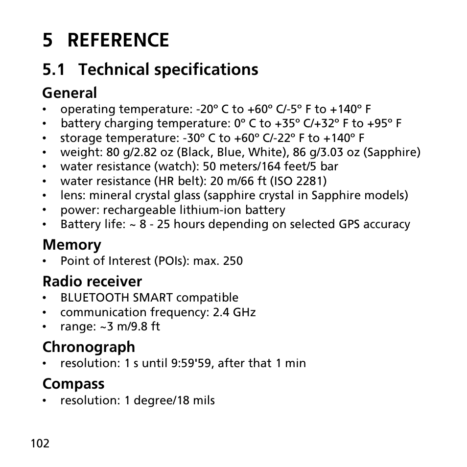 5 reference, 1 technical specifications, General | Radio receiver, Chronograph, Compass | SUUNTO AMBIT3 SPORT User Manual | Page 102 / 112