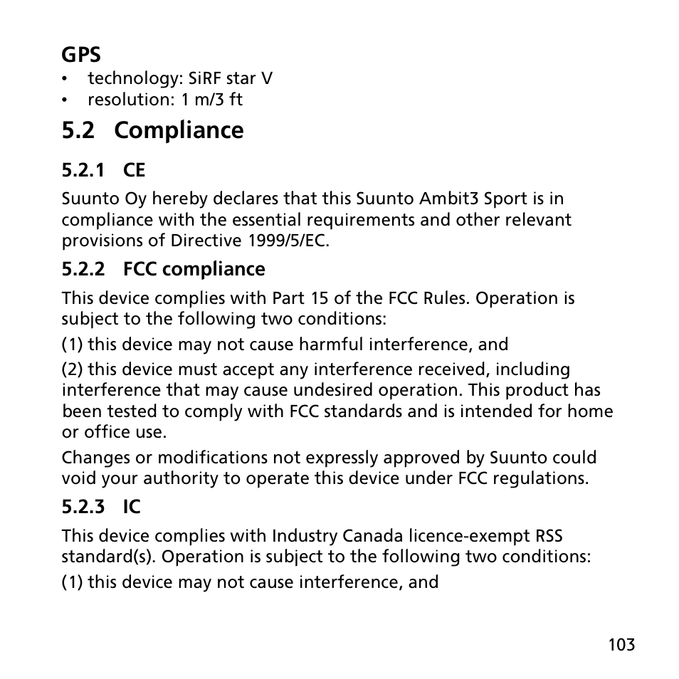 2 compliance, 1 ce, 2 fcc compliance | 3 ic | SUUNTO AMBIT3 SPORT User Manual | Page 103 / 112