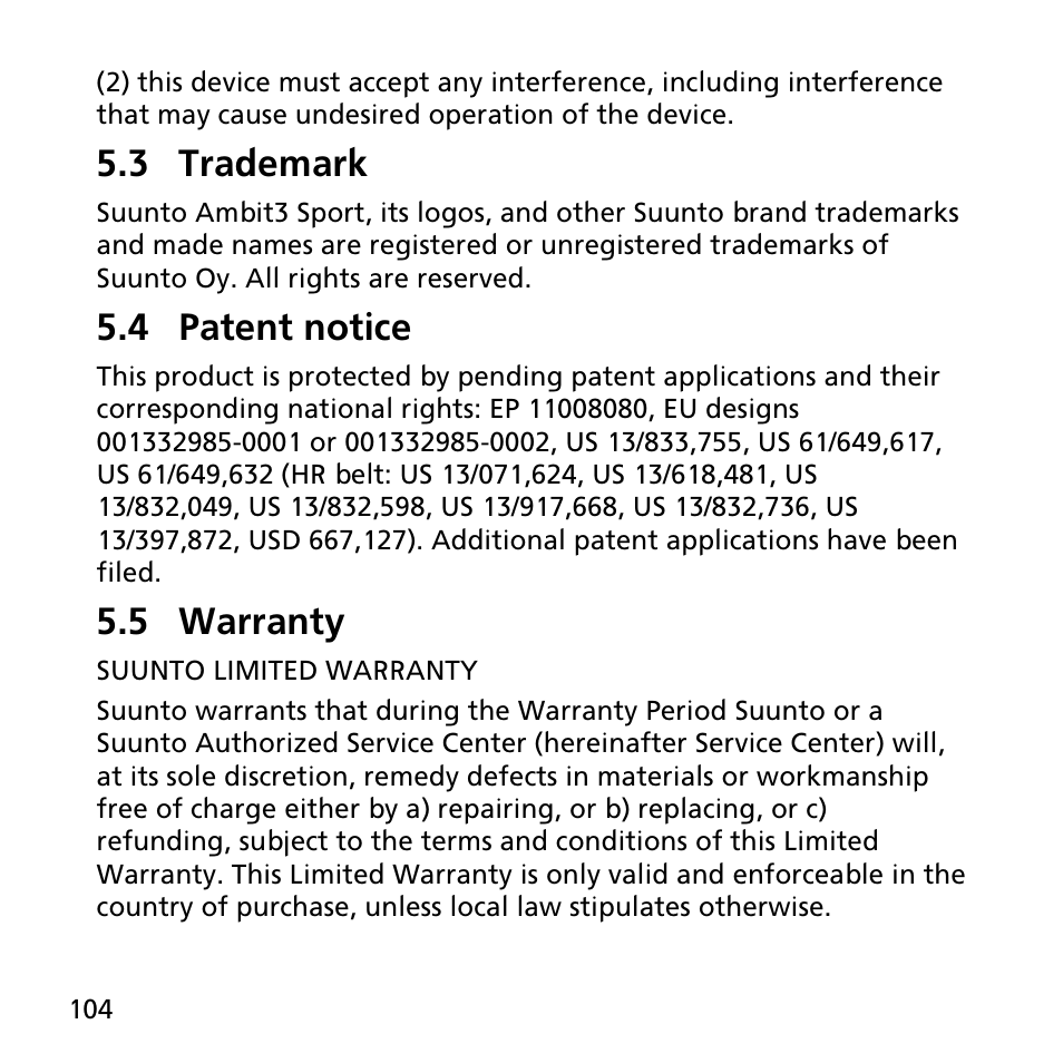 3 trademark, 4 patent notice, 5 warranty | SUUNTO AMBIT3 SPORT User Manual | Page 104 / 112