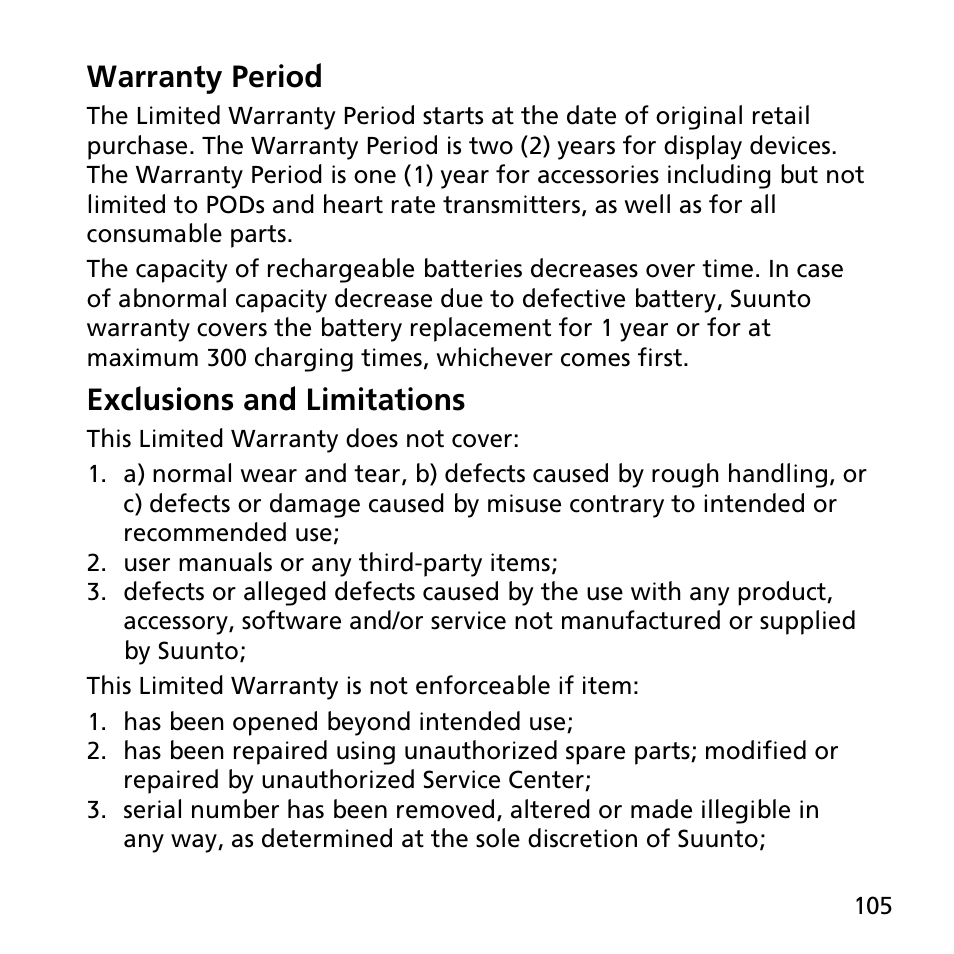 Warranty period, Exclusions and limitations | SUUNTO AMBIT3 SPORT User Manual | Page 105 / 112