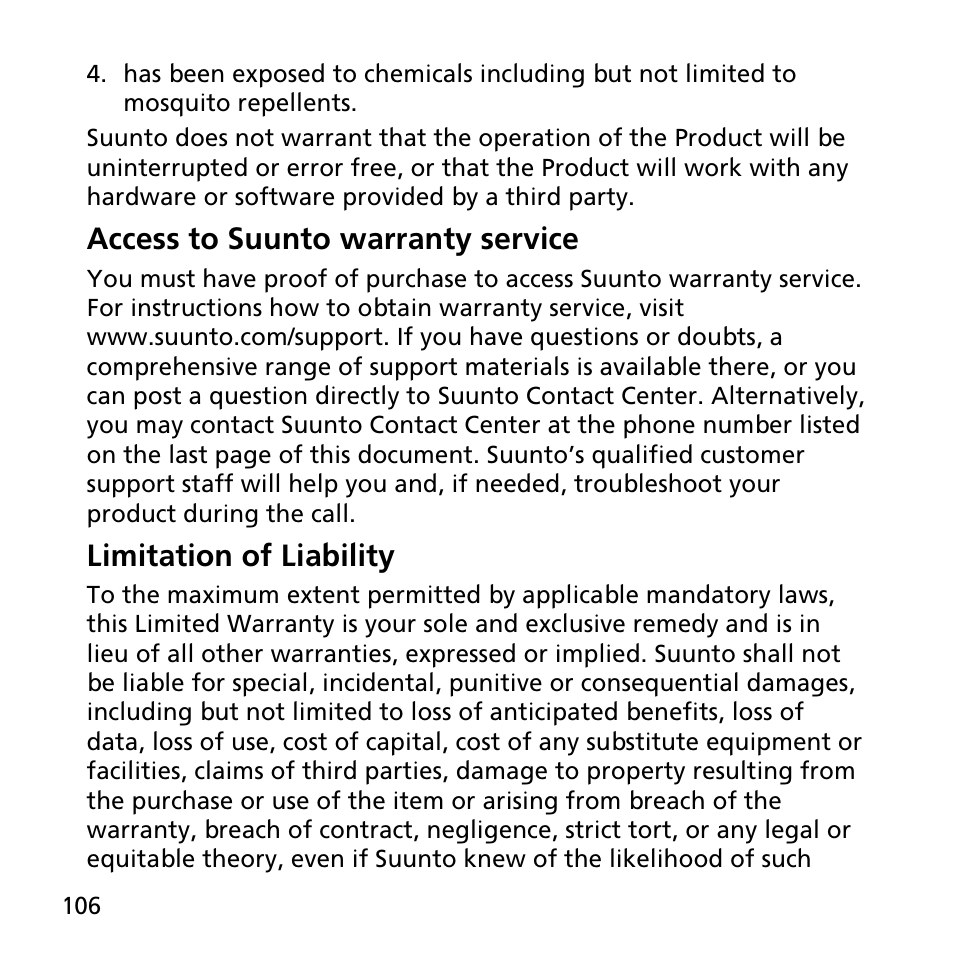 Access to suunto warranty service, Limitation of liability | SUUNTO AMBIT3 SPORT User Manual | Page 106 / 112