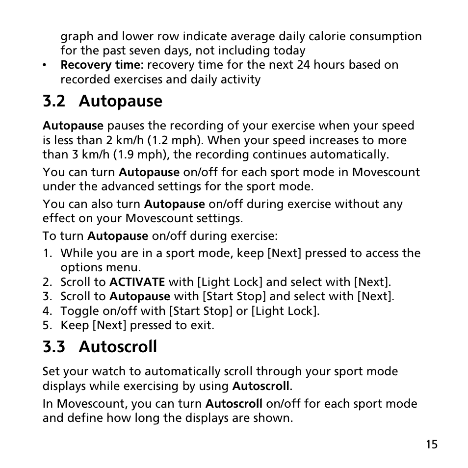 2 autopause, 3 autoscroll | SUUNTO AMBIT3 SPORT User Manual | Page 15 / 112