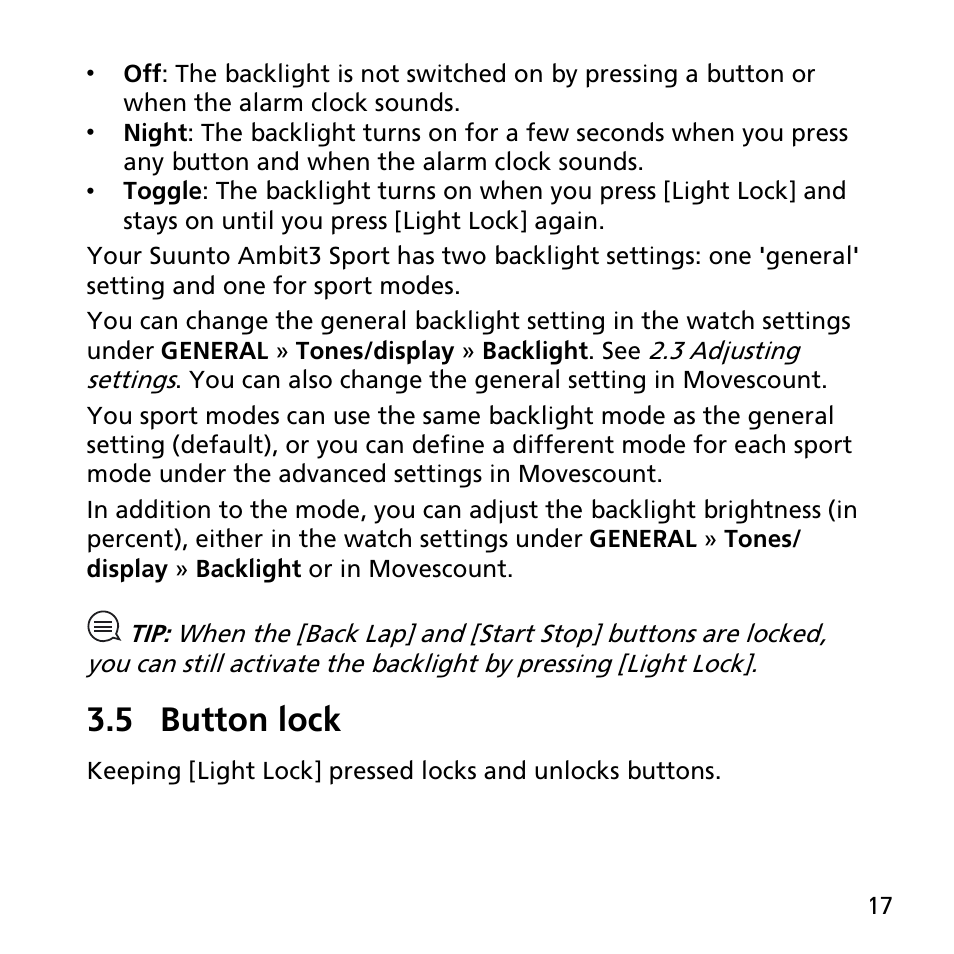 5 button lock | SUUNTO AMBIT3 SPORT User Manual | Page 17 / 112