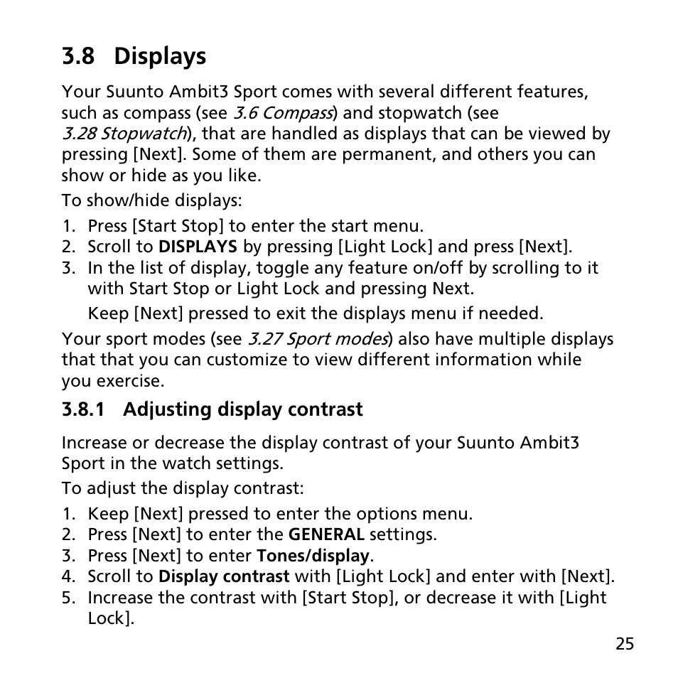 8 displays, 1 adjusting display contrast | SUUNTO AMBIT3 SPORT User Manual | Page 25 / 112