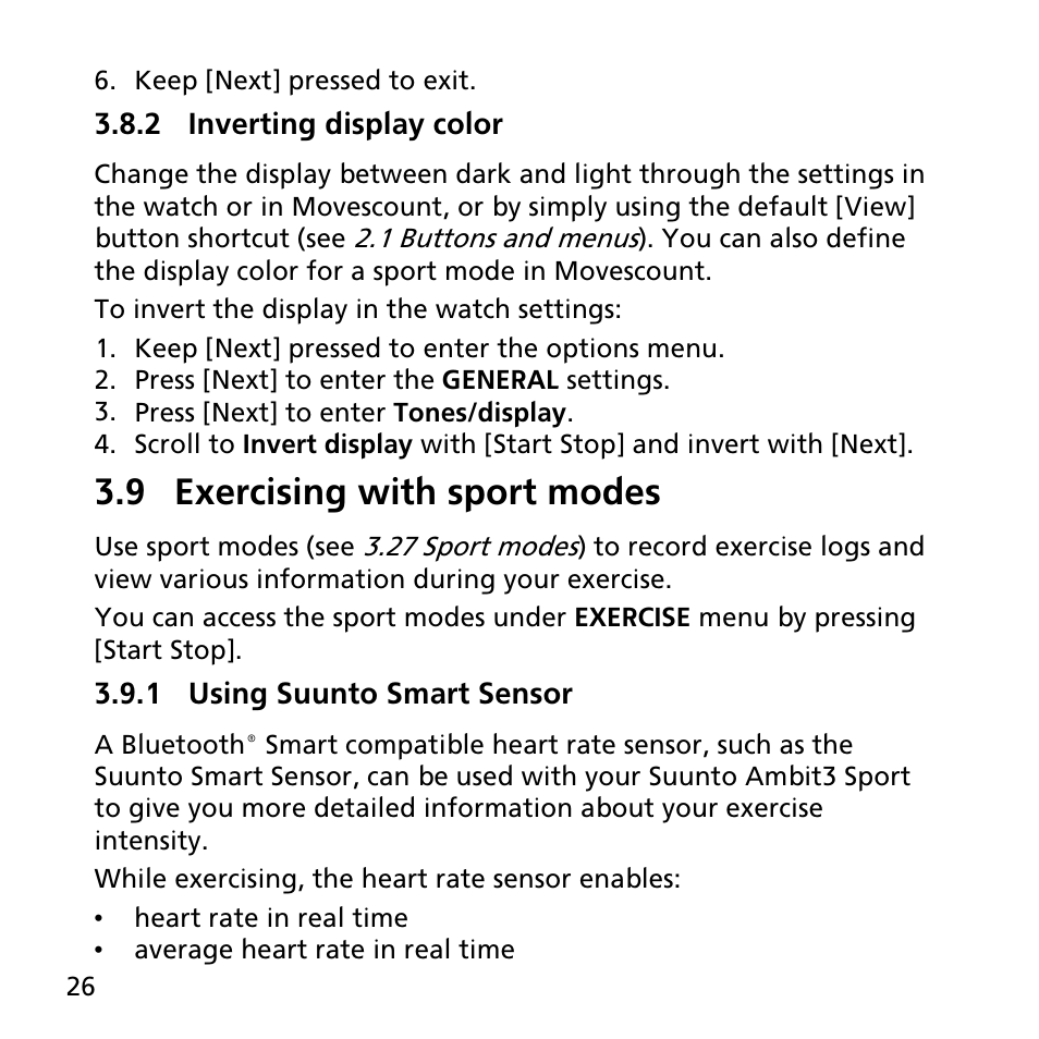 2 inverting display color, 9 exercising with sport modes, 1 using suunto smart sensor | SUUNTO AMBIT3 SPORT User Manual | Page 26 / 112