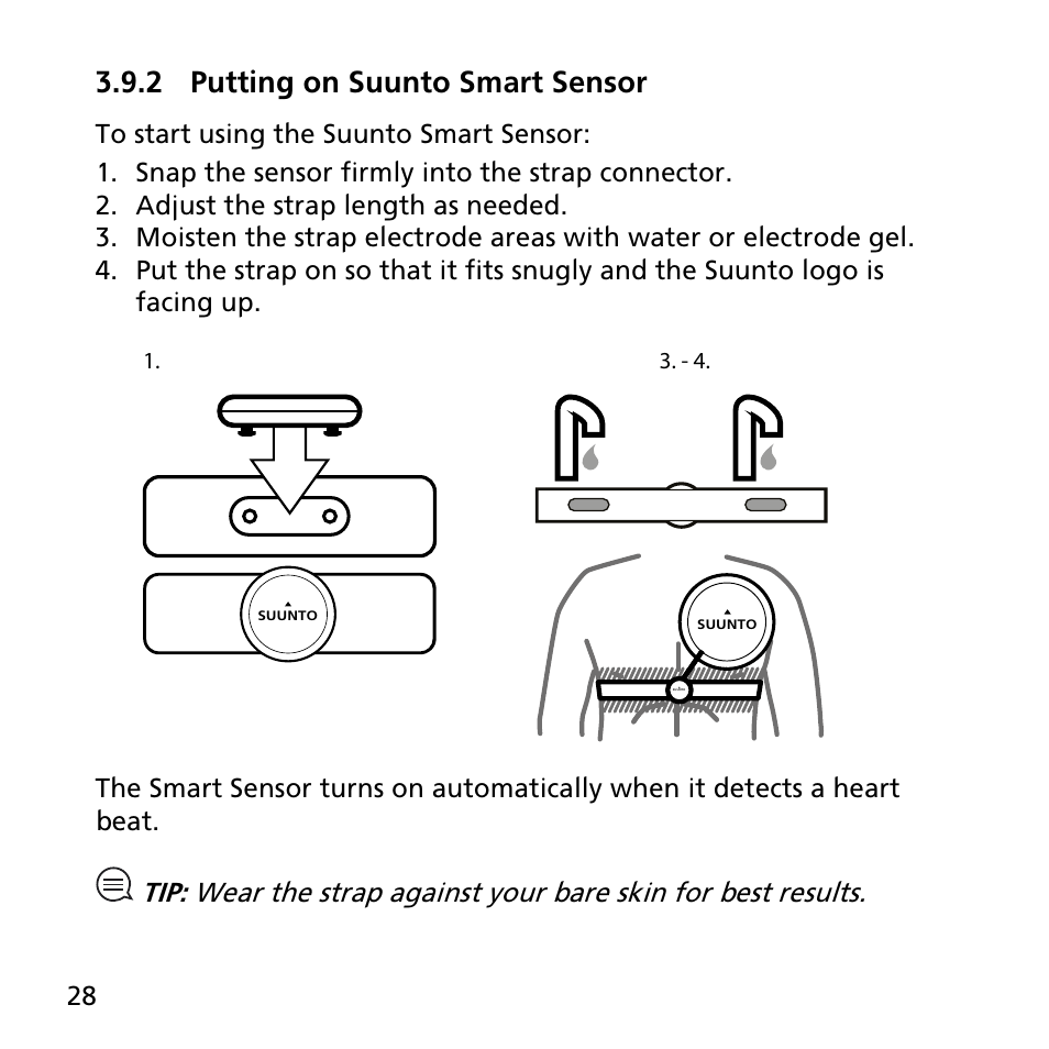 2 putting on suunto smart sensor | SUUNTO AMBIT3 SPORT User Manual | Page 28 / 112