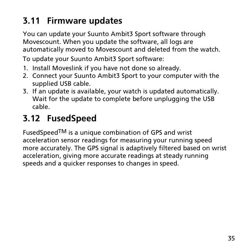 11 firmware updates, 12 fusedspeed | SUUNTO AMBIT3 SPORT User Manual | Page 35 / 112