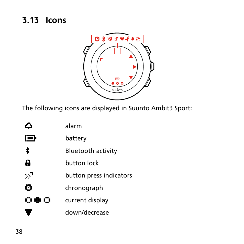 13 icons | SUUNTO AMBIT3 SPORT User Manual | Page 38 / 112