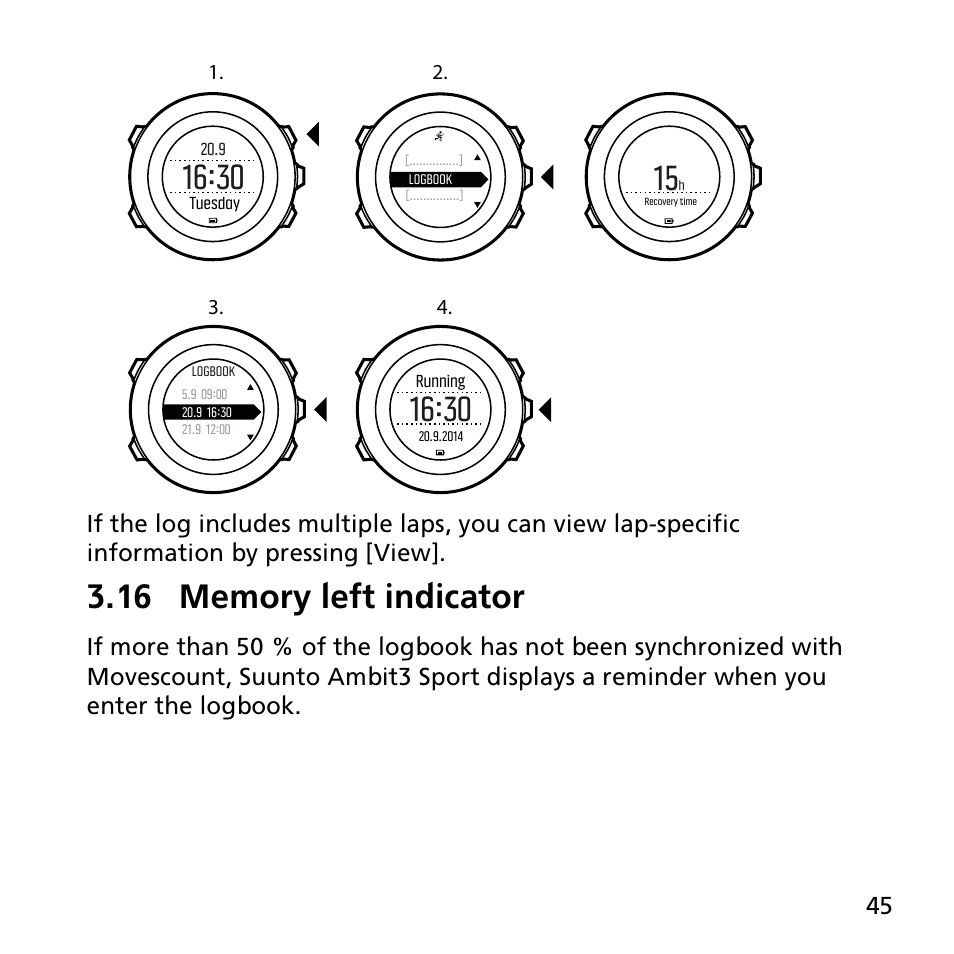 16 memory left indicator | SUUNTO AMBIT3 SPORT User Manual | Page 45 / 112