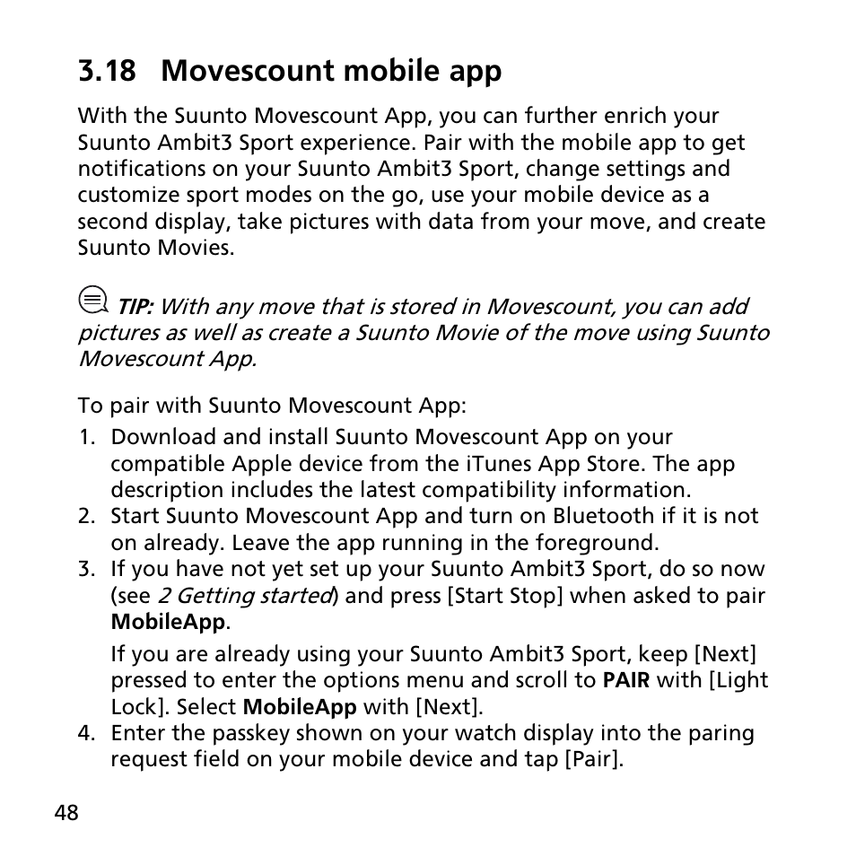 18 movescount mobile app, Pair with suunto movescount app (see, 18 movescount mobile | By pressing [start stop] or skip by pressing [next | SUUNTO AMBIT3 SPORT User Manual | Page 48 / 112