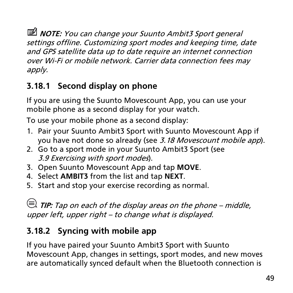 1 second display on phone, 2 syncing with mobile app | SUUNTO AMBIT3 SPORT User Manual | Page 49 / 112