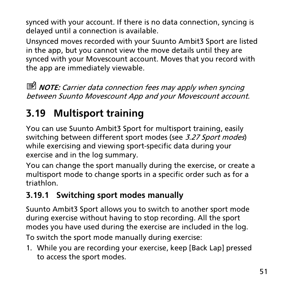 19 multisport training, 1 switching sport modes manually | SUUNTO AMBIT3 SPORT User Manual | Page 51 / 112