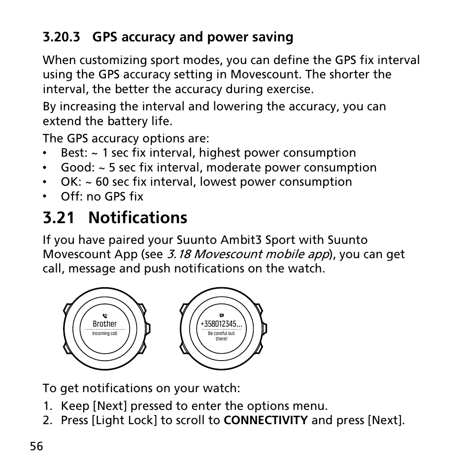 3 gps accuracy and power saving, 21 notifications, Gps accuracy (see | And using, 18 movescount mobile app | SUUNTO AMBIT3 SPORT User Manual | Page 56 / 112