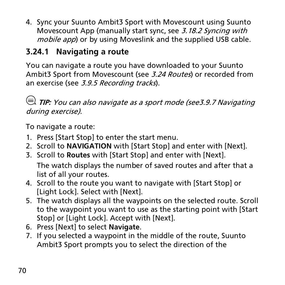 1 navigating a route | SUUNTO AMBIT3 SPORT User Manual | Page 70 / 112