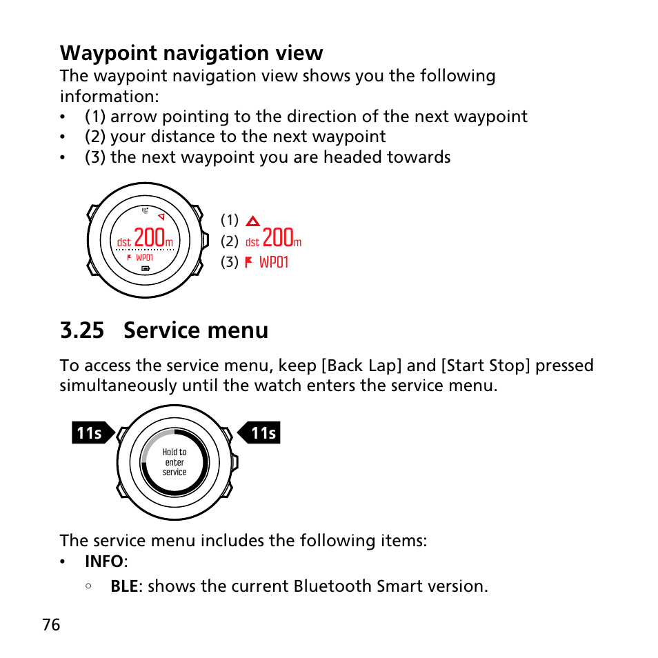 25 service menu, Waypoint navigation view | SUUNTO AMBIT3 SPORT User Manual | Page 76 / 112