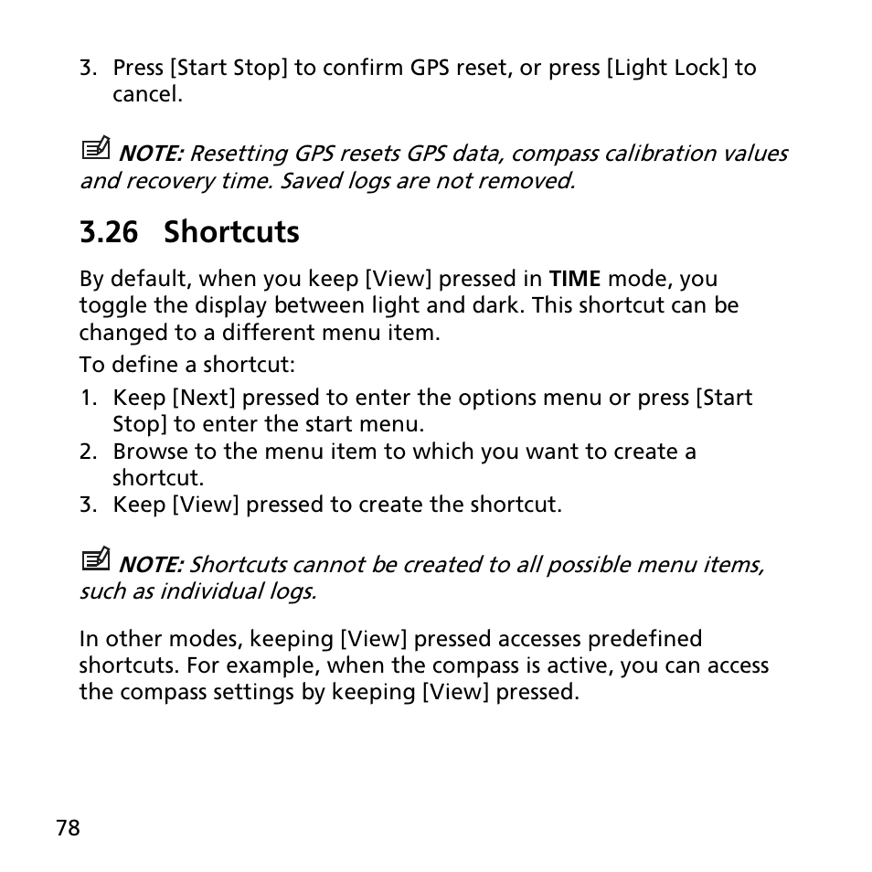 26 shortcuts, Keep pressed to access shortcut (see | SUUNTO AMBIT3 SPORT User Manual | Page 78 / 112