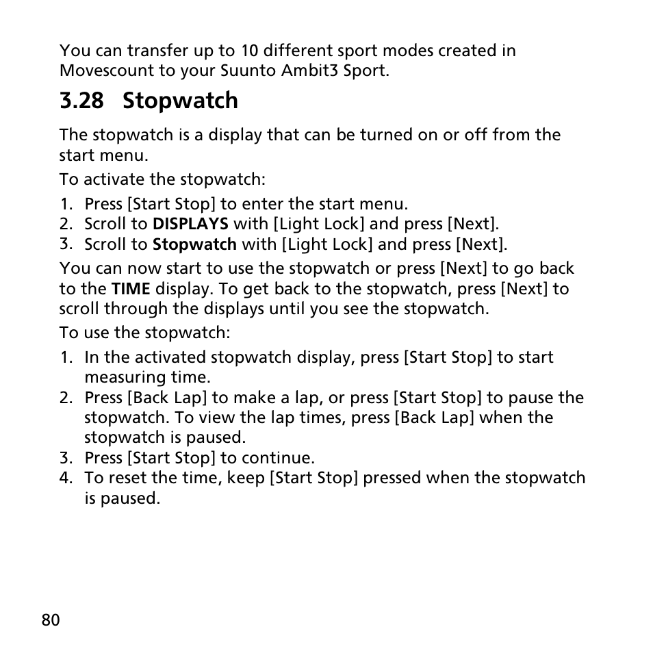 28 stopwatch, That are handled as displays that can be viewed by | SUUNTO AMBIT3 SPORT User Manual | Page 80 / 112