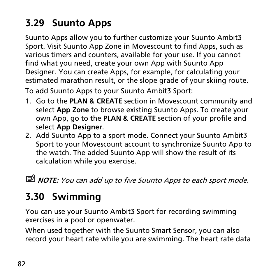 29 suunto apps, 30 swimming | SUUNTO AMBIT3 SPORT User Manual | Page 82 / 112