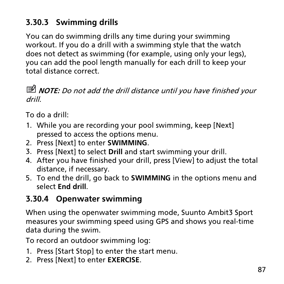 3 swimming drills, 4 openwater swimming | SUUNTO AMBIT3 SPORT User Manual | Page 87 / 112