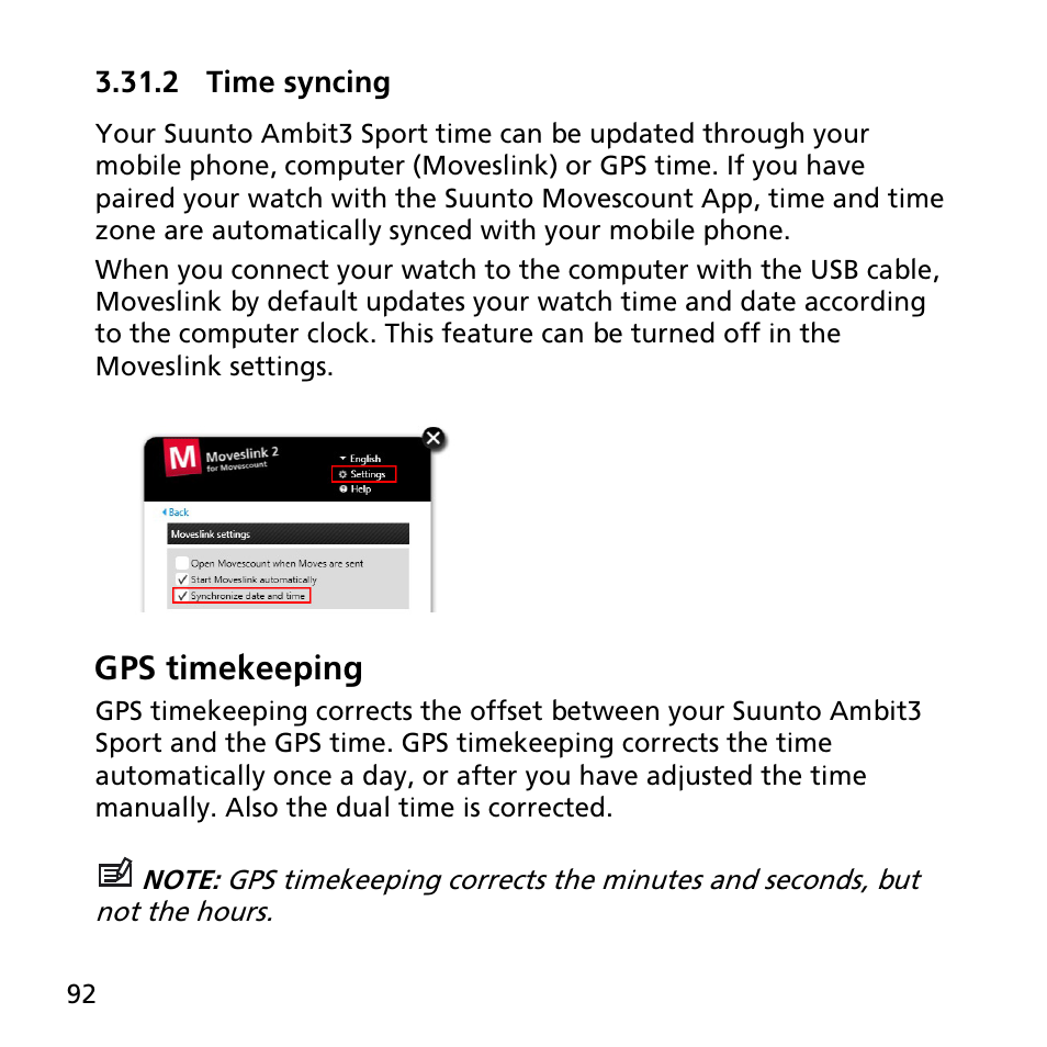 2 time syncing, Gps timekeeping | SUUNTO AMBIT3 SPORT User Manual | Page 92 / 112