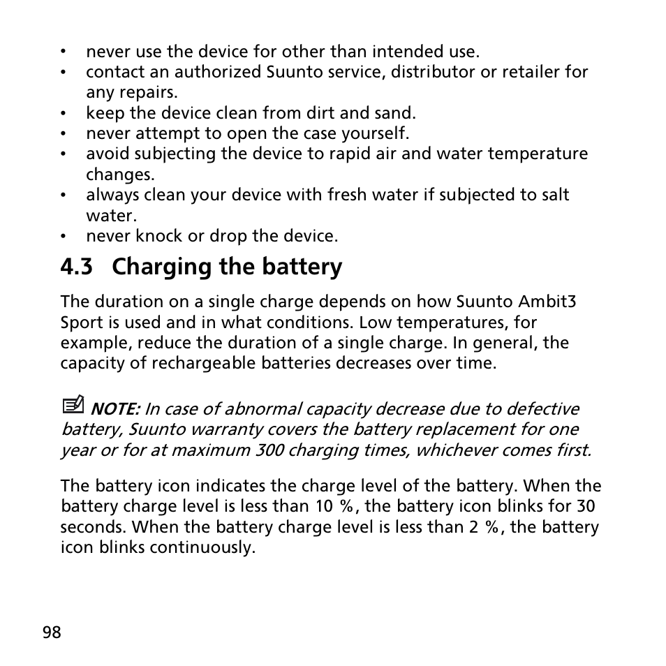 3 charging the battery | SUUNTO AMBIT3 SPORT User Manual | Page 98 / 112