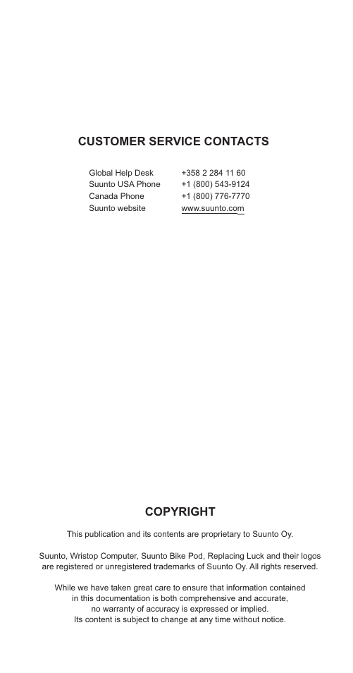 Customer service contacts, Copyright | SUUNTO BIKE POD User Manual | Page 2 / 11