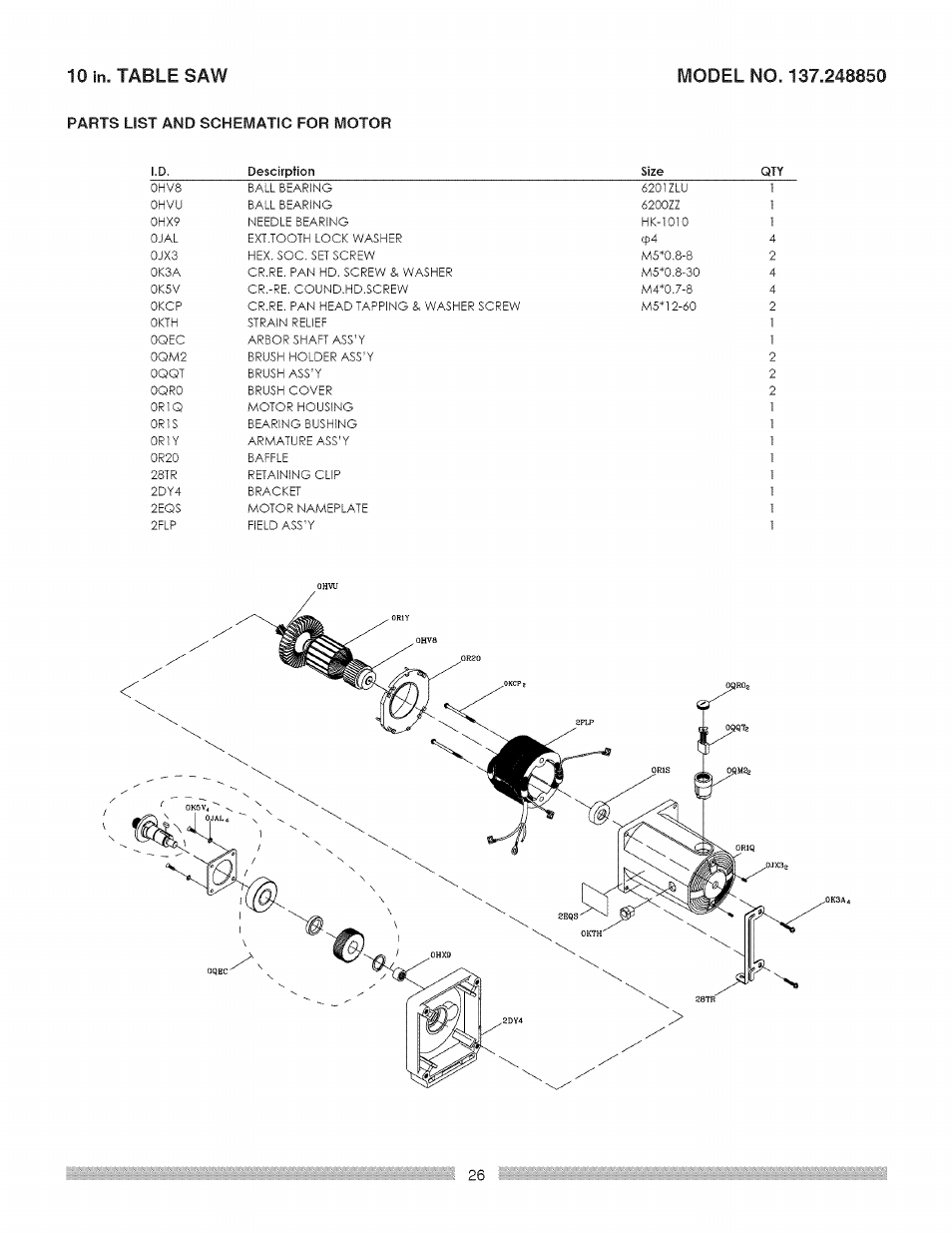 Parts list and schematic for motor | Craftsman 137.248850 User Manual | Page 26 / 30