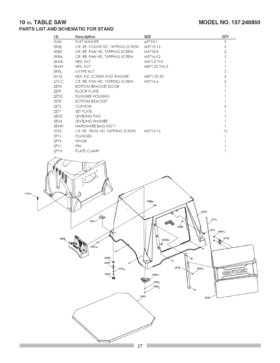 Table saw, L o i n, Parts l!st and schematic for stand | Craftsman 137.248850 User Manual | Page 27 / 30