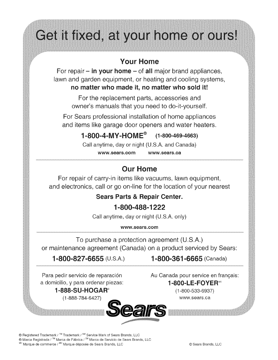 Your home, 800-4-my-home, Our home | Craftsman 137.248850 User Manual | Page 30 / 30