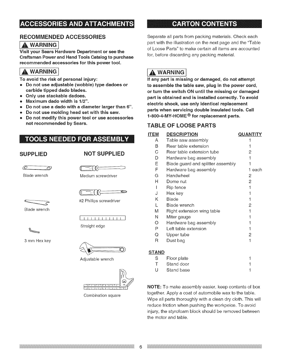 Accessories and attachments, Carton contents, Tools needed for assembly | Craftsman 137.248850 User Manual | Page 6 / 30