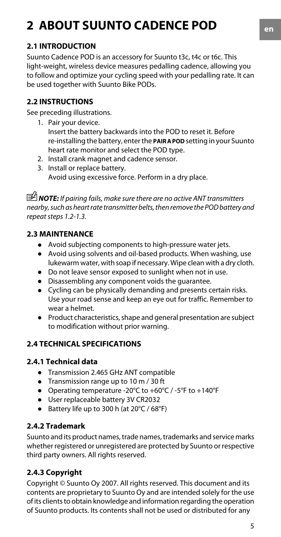 2 about suunto cadence pod, 1 introduction, 5 2.2 instructions | 5 2.3 maintenance, 5 2.4 technical specifications, 1 technical data, 5 2.4.2 trademark, 5 2.4.3 copyright | SUUNTO CADENCE POD User Manual | Page 5 / 7