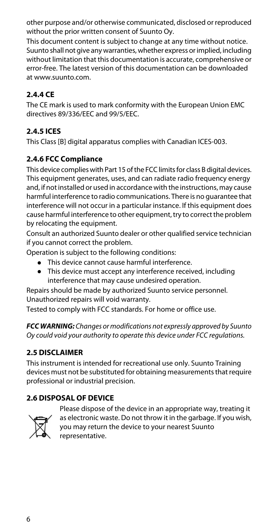 4 ce, 6 2.4.5 ices, 6 2.4.6 fcc compliance | 5 disclaimer, 6 2.6 disposal of device | SUUNTO CADENCE POD User Manual | Page 6 / 7