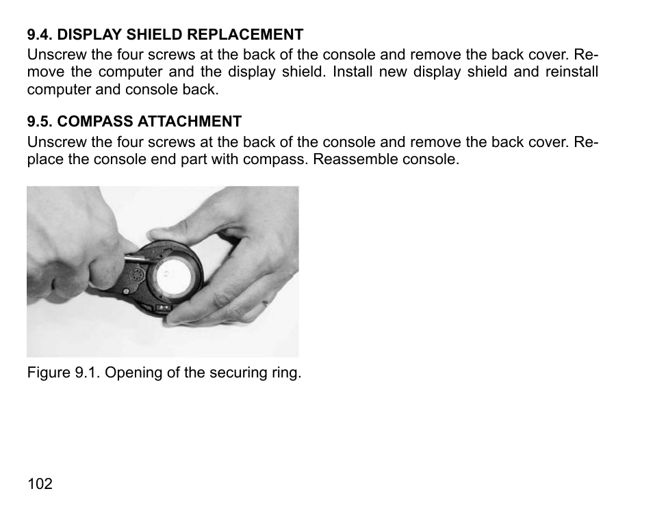 Display shield replacement, Compass attachment, 102 9.5. compass attachment | SUUNTO COBRA User Guide User Manual | Page 102 / 123