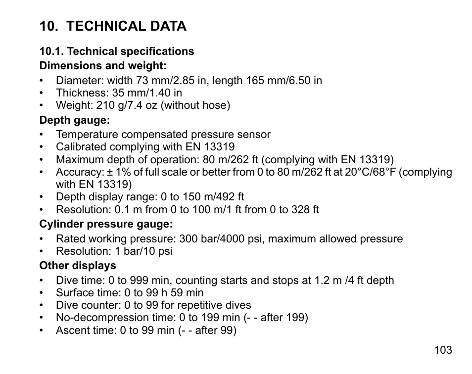 Technical data, Technical specifications | SUUNTO COBRA User Guide User Manual | Page 103 / 123