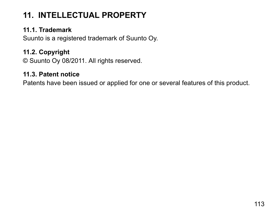 Intellectual property, Trademark, Copyright | Patent notice, 113 11.2. copyright, 113 11.3. patent notice | SUUNTO COBRA User Guide User Manual | Page 113 / 123