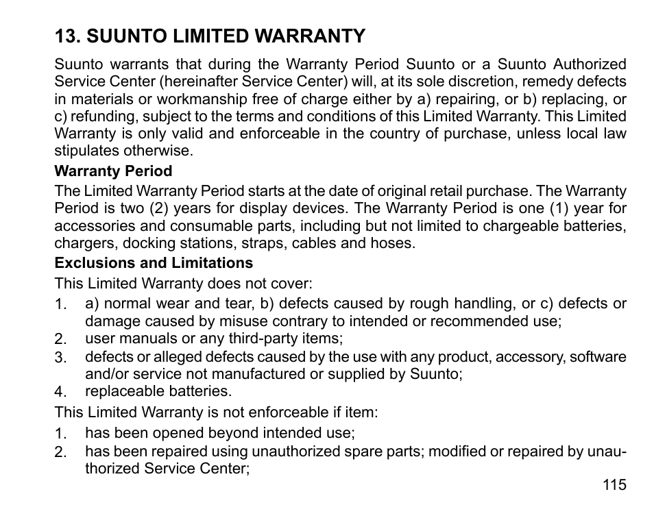 Suunto limited warranty | SUUNTO COBRA User Guide User Manual | Page 115 / 123