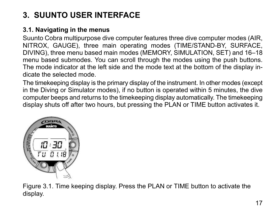 Suunto user interface, Navigating in the menus | SUUNTO COBRA User Guide User Manual | Page 17 / 123