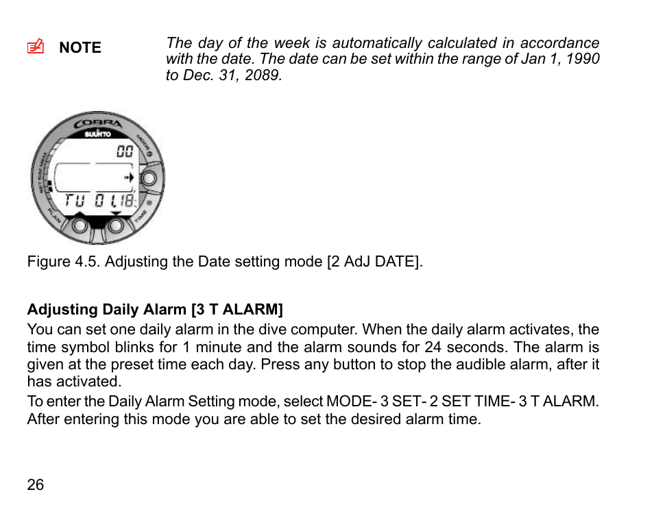 Adjusting daily alarm [3 t alarm | SUUNTO COBRA User Guide User Manual | Page 26 / 123