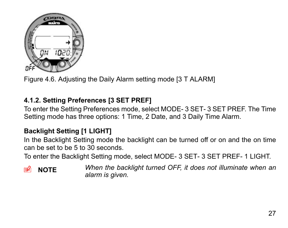 Setting preferences [3 set pref, Backlight setting [1 light | SUUNTO COBRA User Guide User Manual | Page 27 / 123