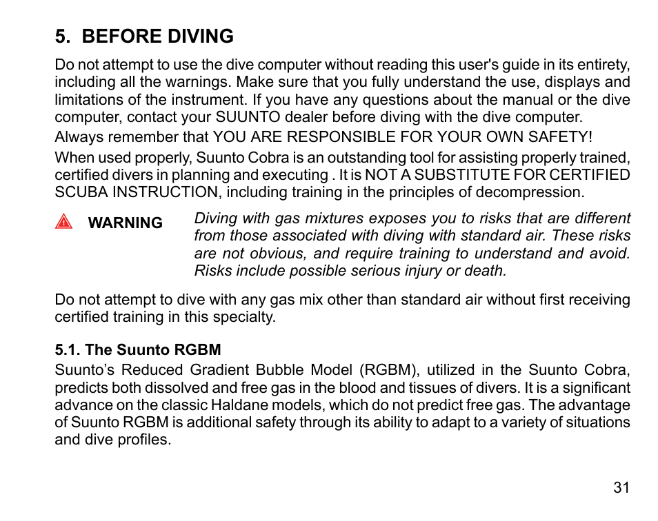 Before diving, The suunto rgbm | SUUNTO COBRA User Guide User Manual | Page 31 / 123