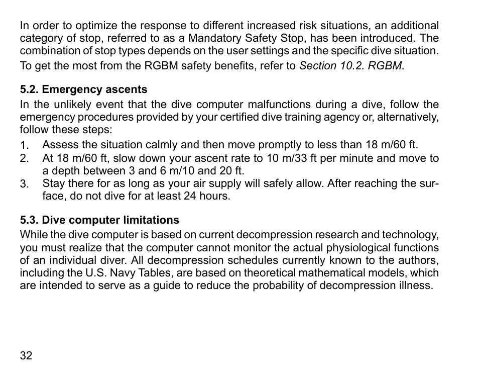 Emergency ascents, Dive computer limitations, 32 5.3. dive computer limitations | SUUNTO COBRA User Guide User Manual | Page 32 / 123