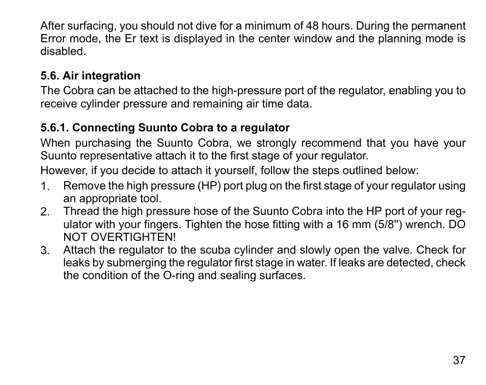 Air integration, Connecting suunto cobra to a regulator | SUUNTO COBRA User Guide User Manual | Page 37 / 123