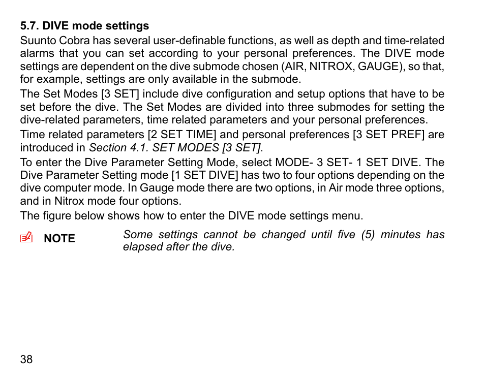 Dive mode settings | SUUNTO COBRA User Guide User Manual | Page 38 / 123