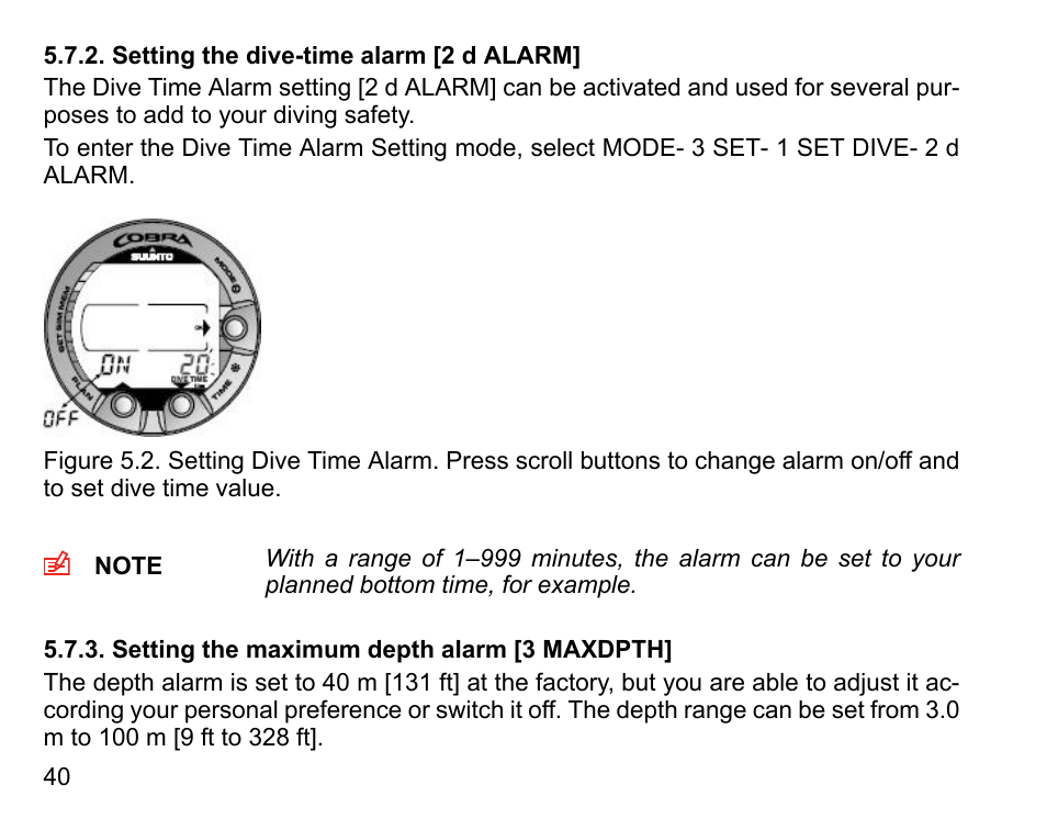 Setting the dive-time alarm [2 d alarm, Setting the maximum depth alarm [3 maxdpth | SUUNTO COBRA User Guide User Manual | Page 40 / 123