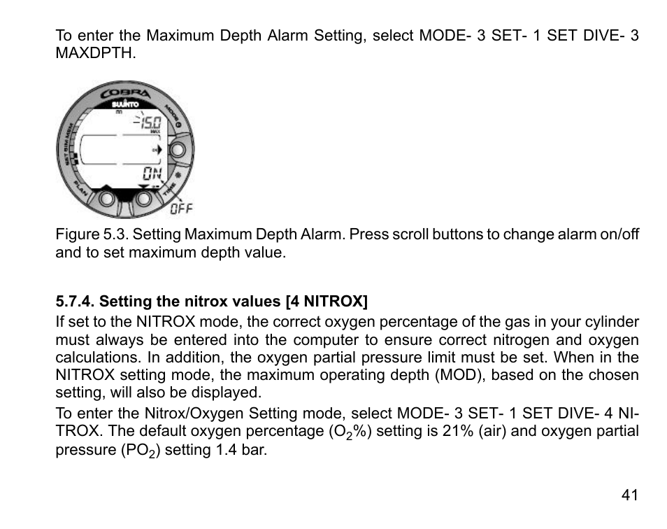 Setting the nitrox values [4 nitrox | SUUNTO COBRA User Guide User Manual | Page 41 / 123